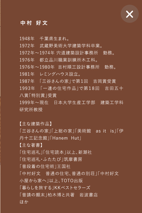 中村 好文 1948年　千葉県生まれ。
1972年　武蔵野美術大学建築学科卒業。
1972年～1974年 宍道建築設計事務所　勤務。
1976年　都立品川職業訓練所木工科。
1976年～1980年  吉村順三設計事務所　勤務。
1981年　レミングハウス設立。
1987年　「三谷さんの家」で第１回　吉岡賞受賞
1993年　「一連の住宅作品」で第１８回　吉田五十八賞「特別賞」受賞
1999年～現在　日本大学生産工学部  建築工学科研究所教授

【主な建築作品】
「三谷さんの家」「上総の家」「美術館　as it  is」「伊丹十三記念館」「Hanem  Hut」
【主な著書】　
「住宅巡礼」「住宅読本」以上、新潮社
「住宅巡礼・ふたたび」筑摩書房
「普段着の住宅術」王国社
「中村好文　普通の住宅、普通の別荘」「中村好文　小屋から家へ」以上、TOTO出版
「暮らしを旅する」KKベストセラーズ　
「普請の顛末」柏木博と共著　岩波書店
ほか
